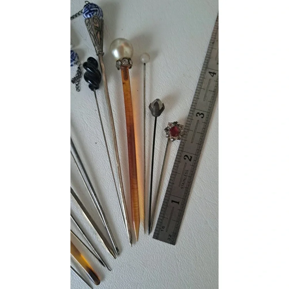 Lot Of 15 Antique Hatpins Jade Glass Lucite Porcelain Cloisonné